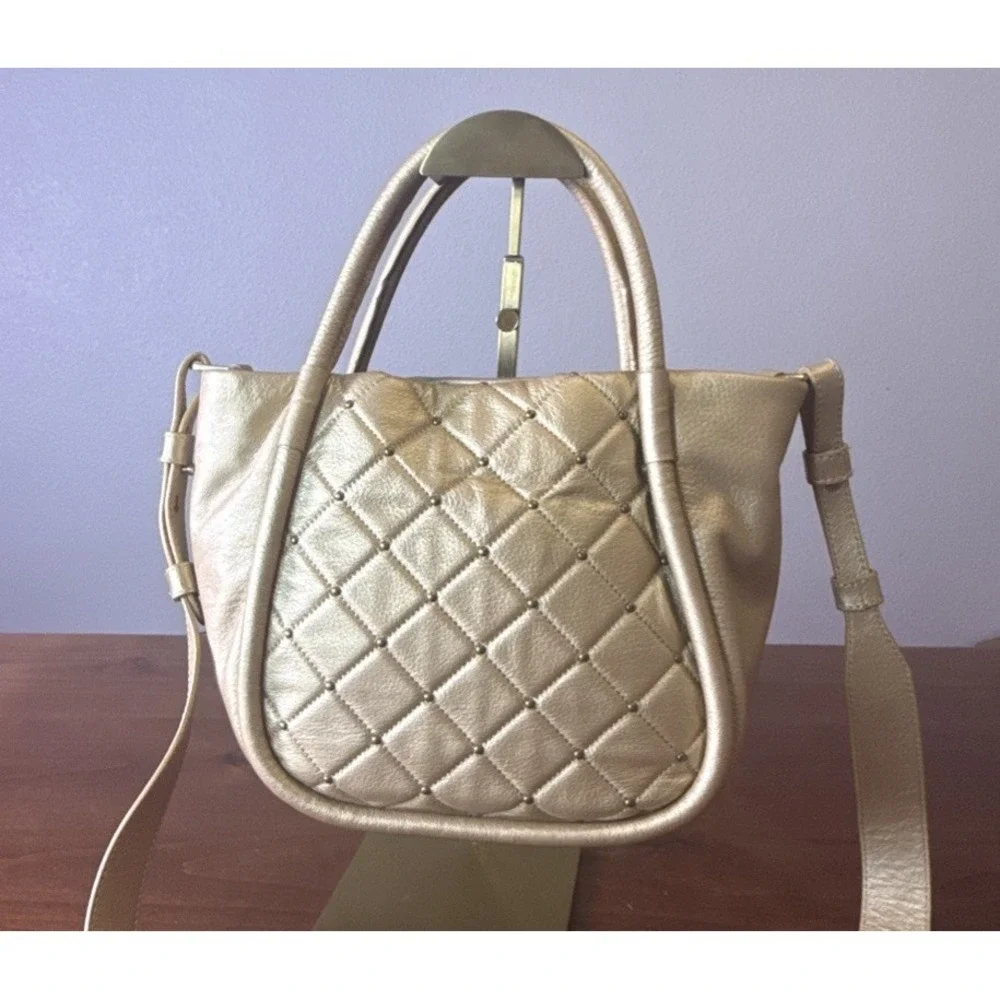 Hobo Margot Pebbled Metallic Dusty Gold Leather Satchel Crossbody $298